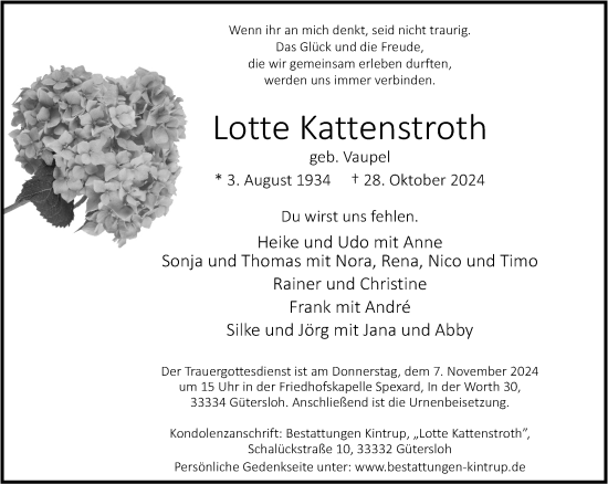 Traueranzeige von Lotte Kattenstroth von Neue Westfälische