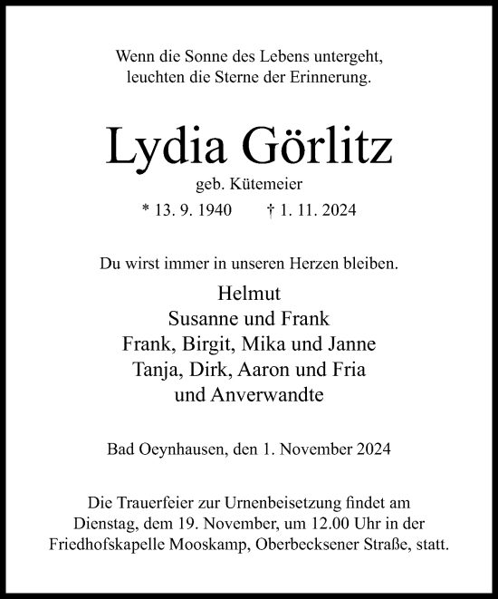 Traueranzeige von Lydia Görlitz von Neue Westfälische