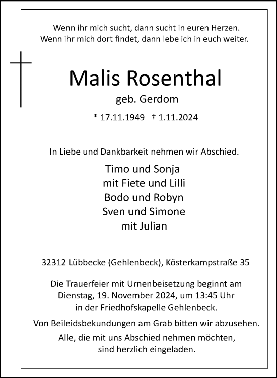 Traueranzeige von Malis Rosenthal von Neue Westfälische