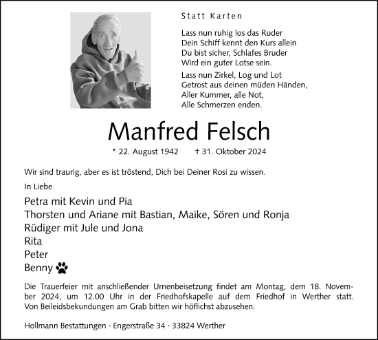 Traueranzeige von Manfred Felsch von Neue Westfälische