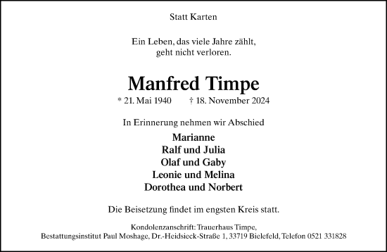 Traueranzeige von Manfred Timpe von Neue Westfälische