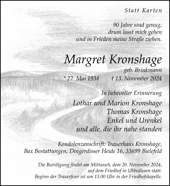 Traueranzeige von Margret Kronshage von Neue Westfälische