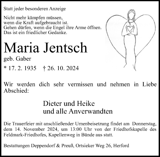 Traueranzeige von Maria Jentsch von Neue Westfälische