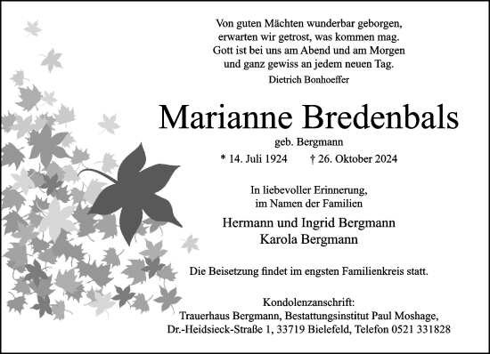 Traueranzeige von Marianne Bredenbals von Neue Westfälische