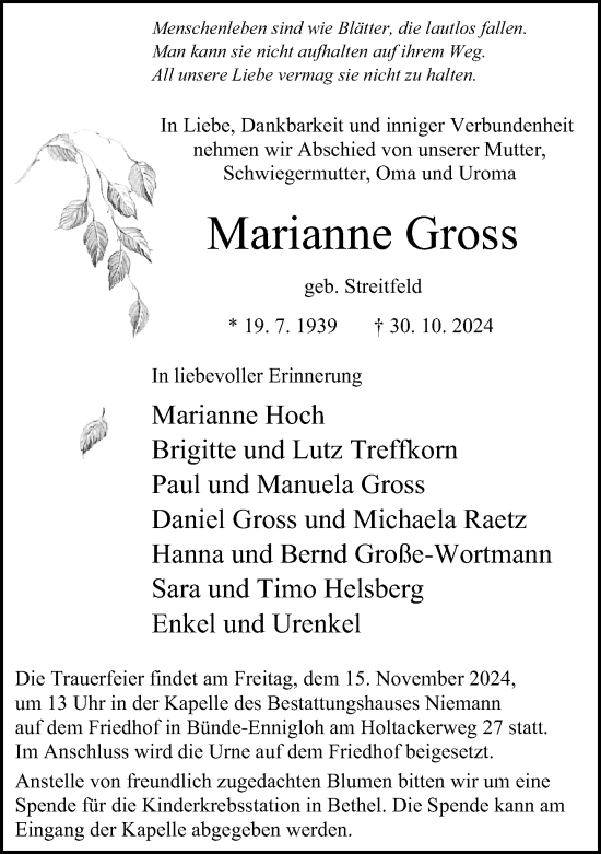 Traueranzeige von Marianne Gross von Neue Westfälische