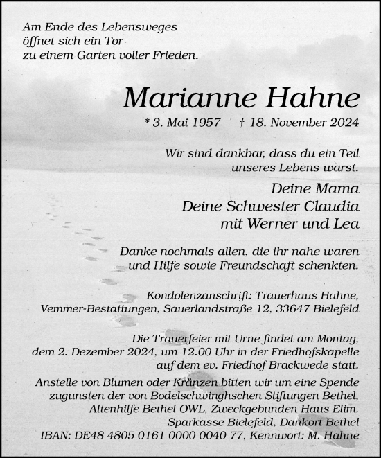 Traueranzeige von Marianne Hahne von Neue Westfälische