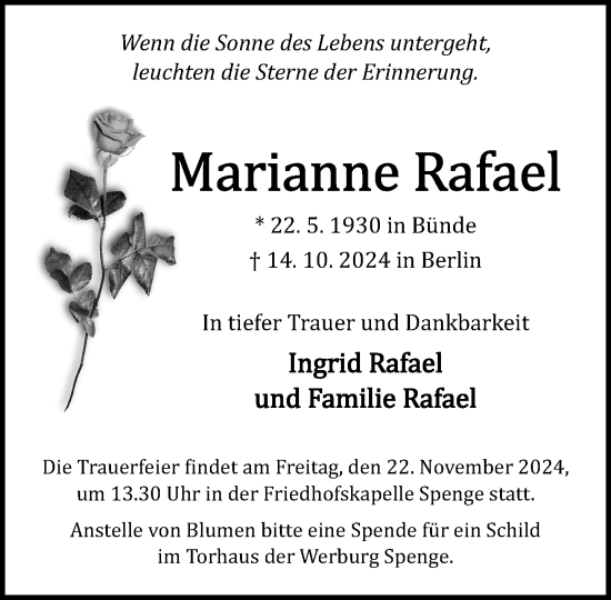 Traueranzeige von Marianne Rafael von Neue Westfälische