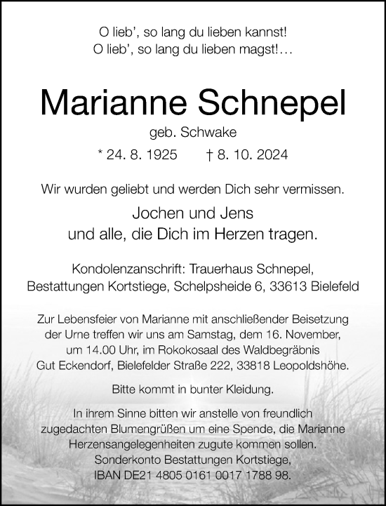 Traueranzeige von Marianne Schnepel von Neue Westfälische