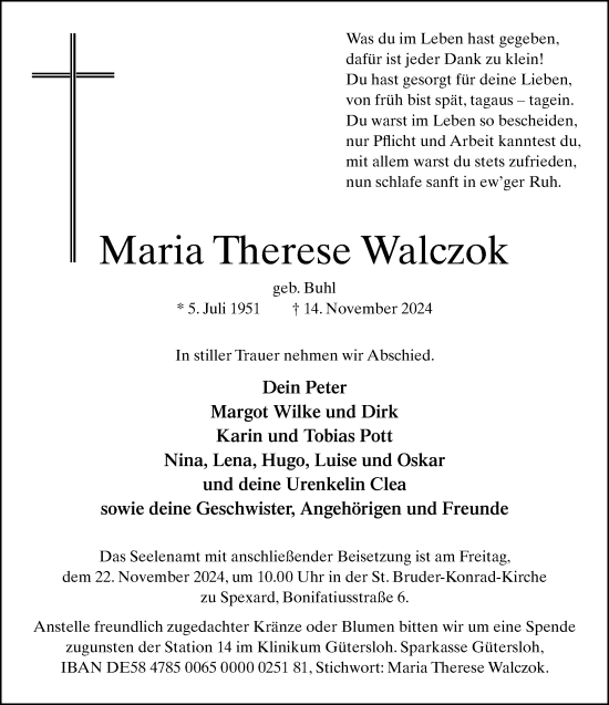 Traueranzeige von Maria Therese Walczok von Neue Westfälische