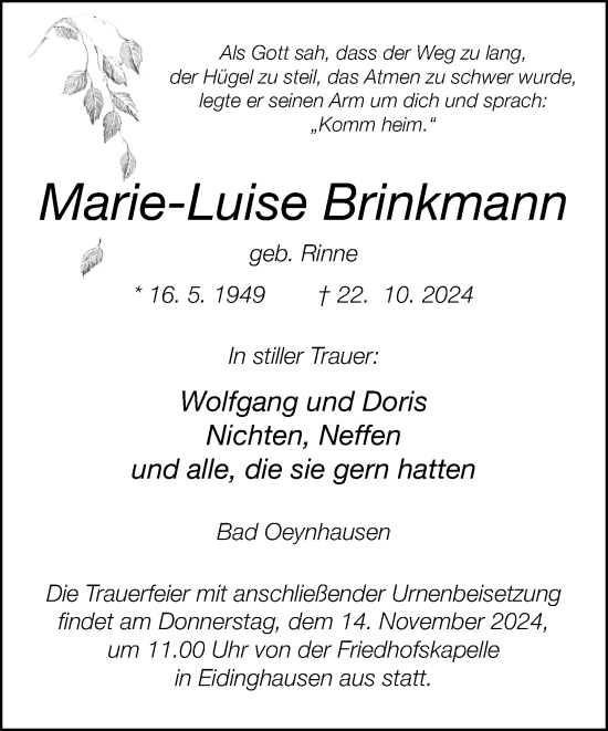 Traueranzeige von Marie-Luise Brinkmann von Neue Westfälische