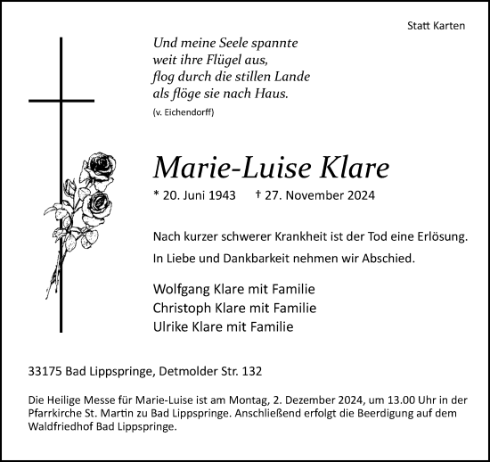 Traueranzeige von Marie-Luise Klare von Neue Westfälische