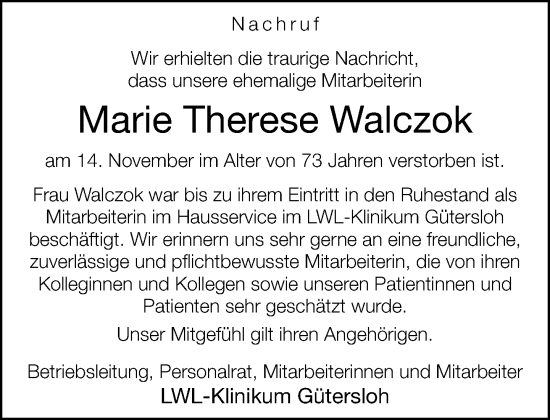 Traueranzeige von Marie Therese Walczok von Neue Westfälische