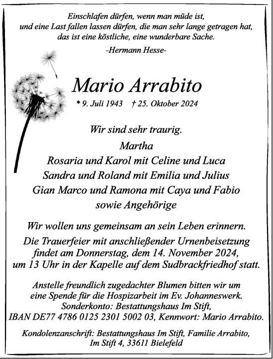 Traueranzeige von Mario Arrabito von Neue Westfälische