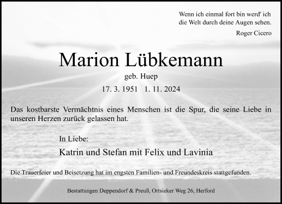 Traueranzeige von Marion Lübkemann von Neue Westfälische