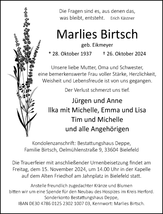 Traueranzeige von Marlies Birtsch von Neue Westfälische