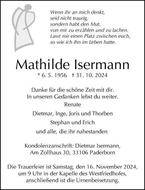 Traueranzeige von Mathilde Isermann von Neue Westfälische