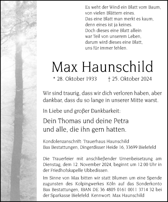 Traueranzeige von Max Haunschild von Neue Westfälische