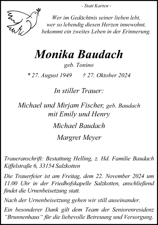 Traueranzeige von Monika Baudach von Neue Westfälische