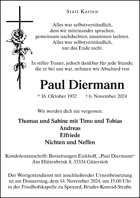 Traueranzeige von Paul Diermann von Neue Westfälische