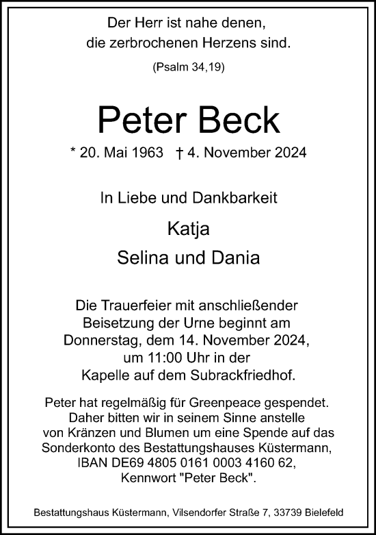 Traueranzeige von Peter Beck von Neue Westfälische