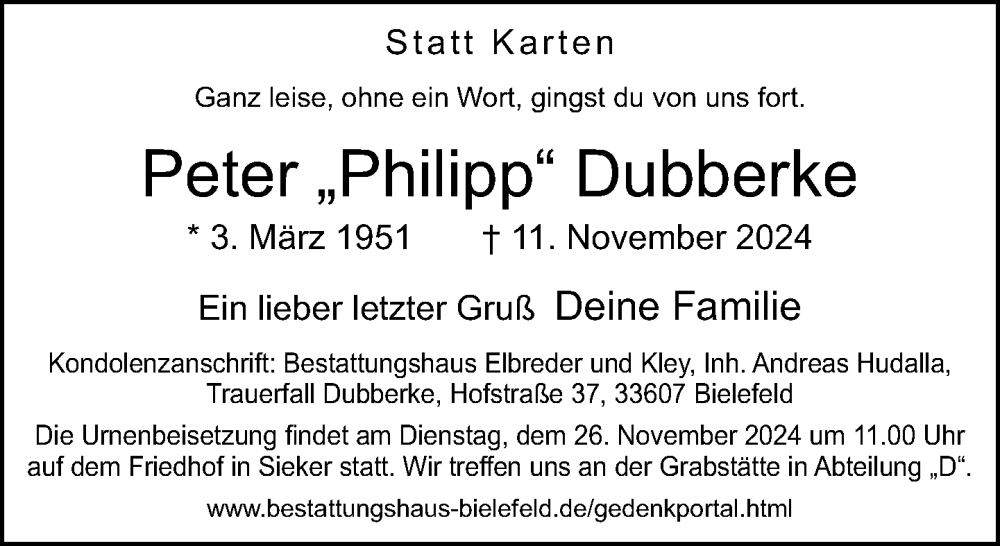  Traueranzeige für Peter Dubberke vom 23.11.2024 aus Neue Westfälische