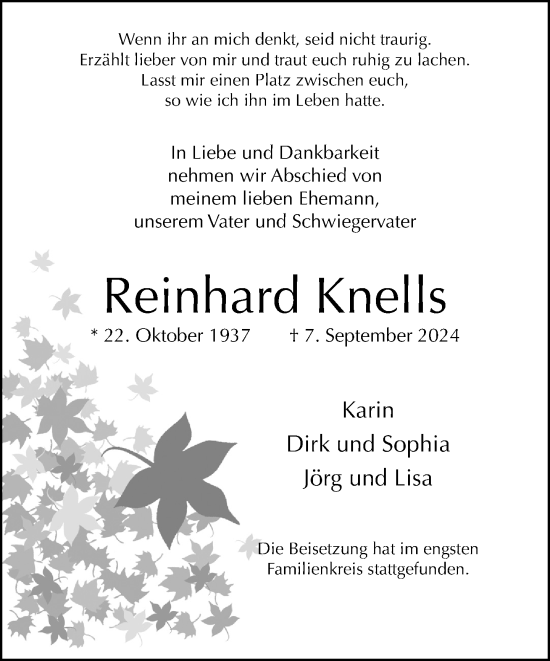 Traueranzeige von Reinhard Knells von Neue Westfälische