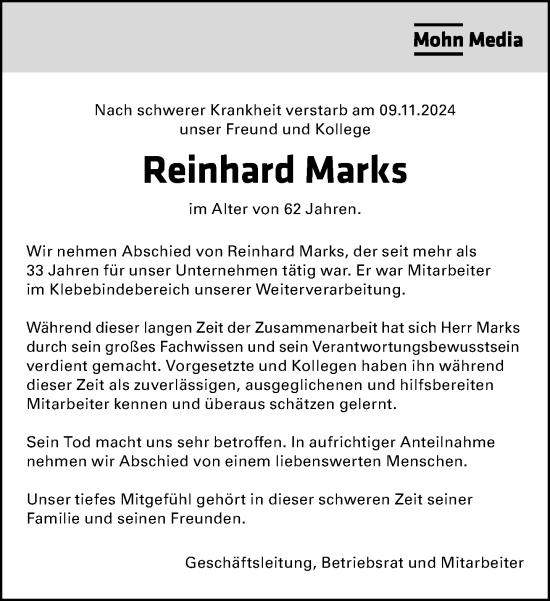 Traueranzeige von Reinhard Marks von Neue Westfälische