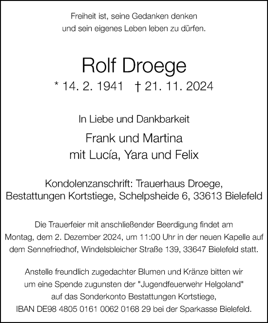 Traueranzeige von Rolf Droege von Neue Westfälische