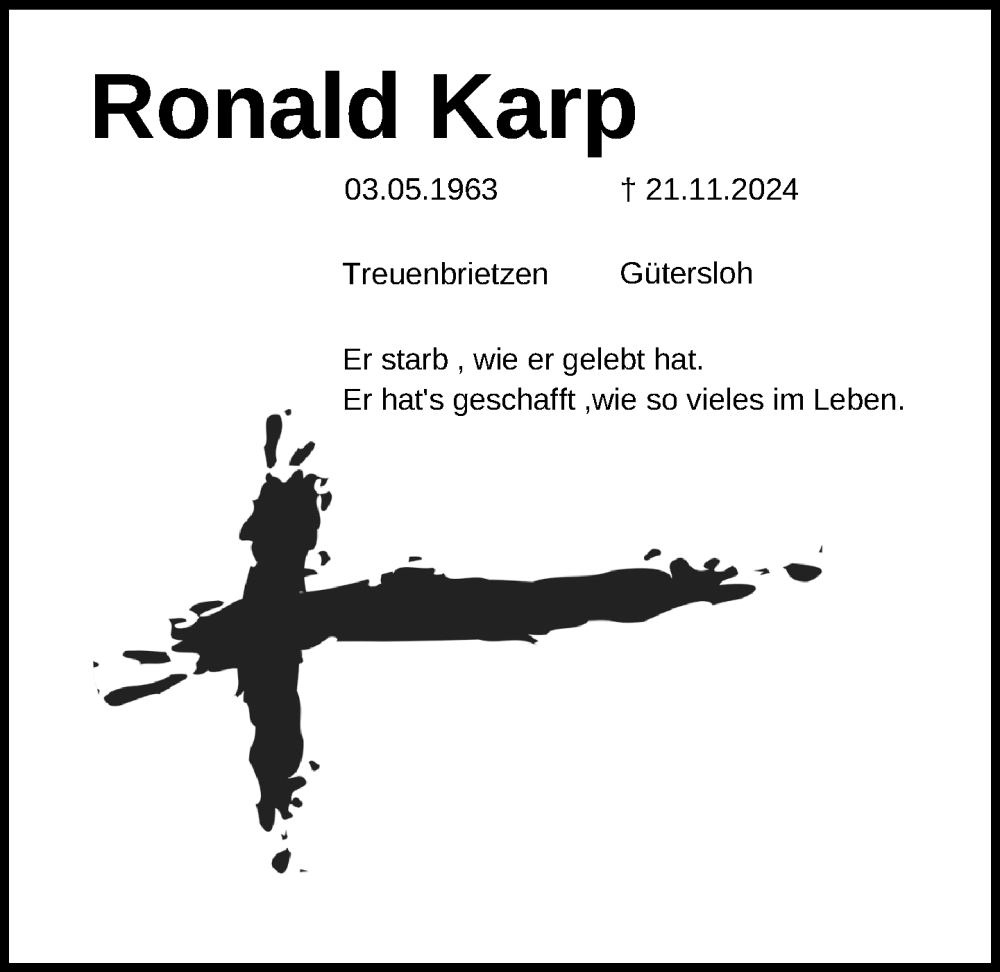  Traueranzeige für Ronald Karp vom 26.11.2024 aus Neue Westfälische