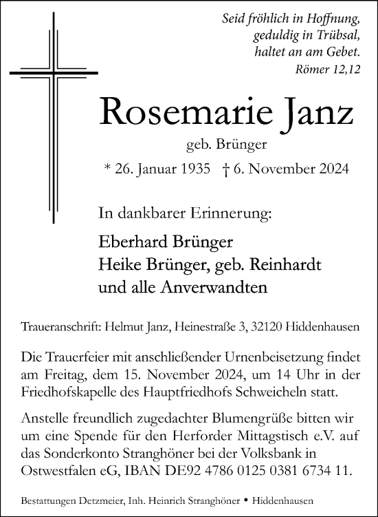 Traueranzeige von Rosemarie Janz von Neue Westfälische