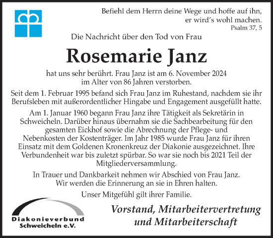 Traueranzeige von Rosemarie Janz von Neue Westfälische