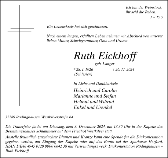 Traueranzeige von Ruth Eickhoff von Neue Westfälische