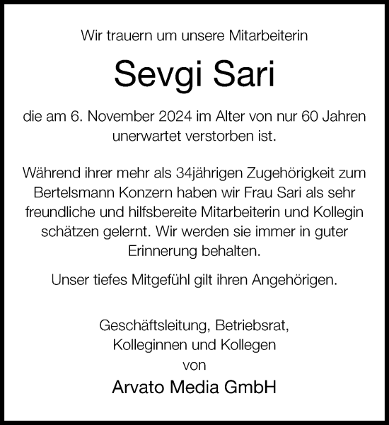 Traueranzeige von Sevgi Sari von Neue Westfälische