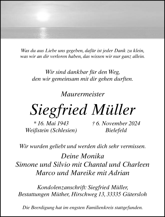 Traueranzeige von Siegfried Müller von Neue Westfälische