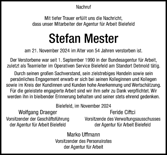 Traueranzeige von Stefan Mester von Neue Westfälische