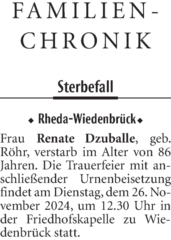 Traueranzeige von Sterbetafel vom 21.11.2024 von Neue Westfälische