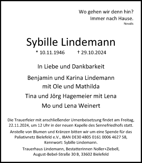 Traueranzeige von Sybille Lindemann von Neue Westfälische