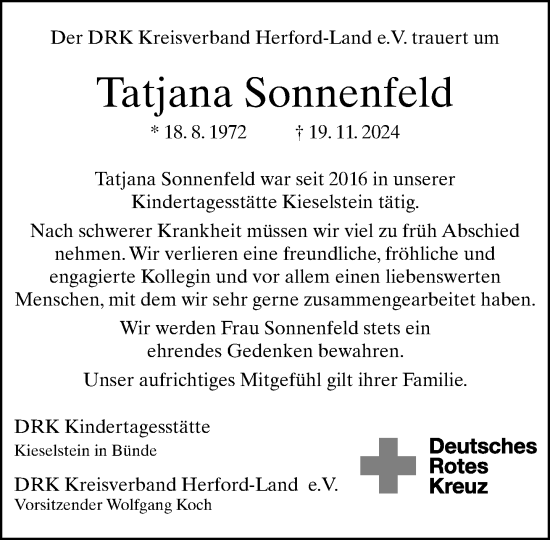 Traueranzeige von Tatjana Sonnenfeld von Neue Westfälische