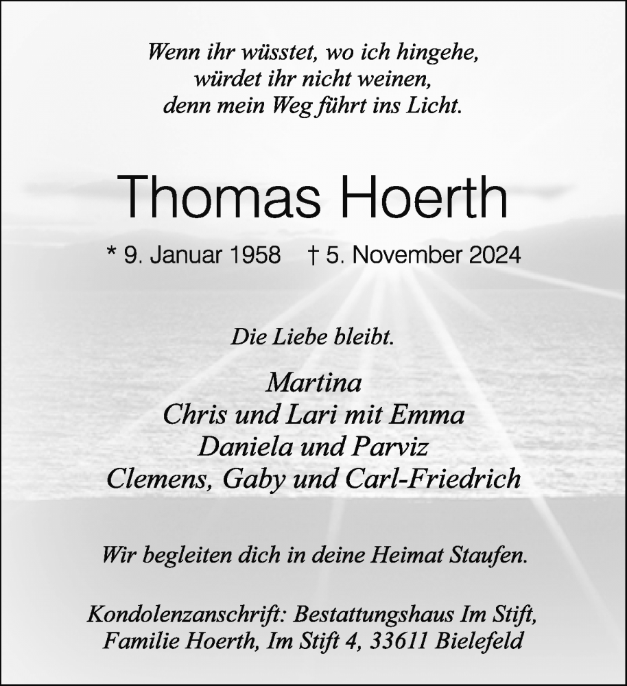  Traueranzeige für Thomas Hoerth vom 09.11.2024 aus Neue Westfälische