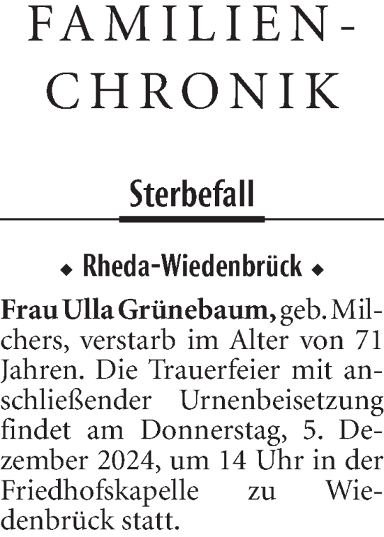 Traueranzeige von Ulla Grünebaum von Neue Westfälische