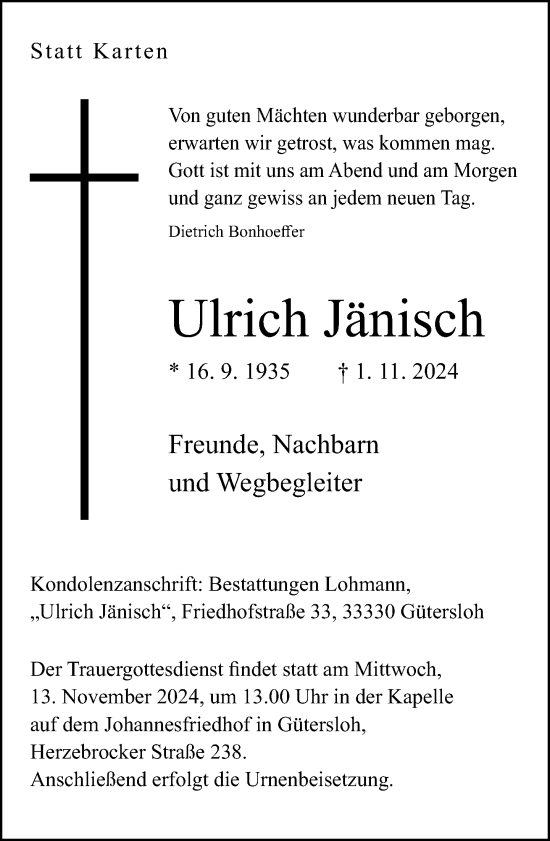 Traueranzeige von Ulrich Jänisch von Neue Westfälische