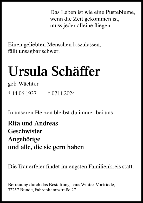 Traueranzeige von Ursula Schäffer von Neue Westfälische