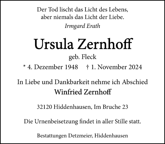 Traueranzeige von Ursula Zernhoff von Neue Westfälische