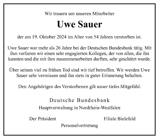 Traueranzeige von Uwe Sauer von Neue Westfälische