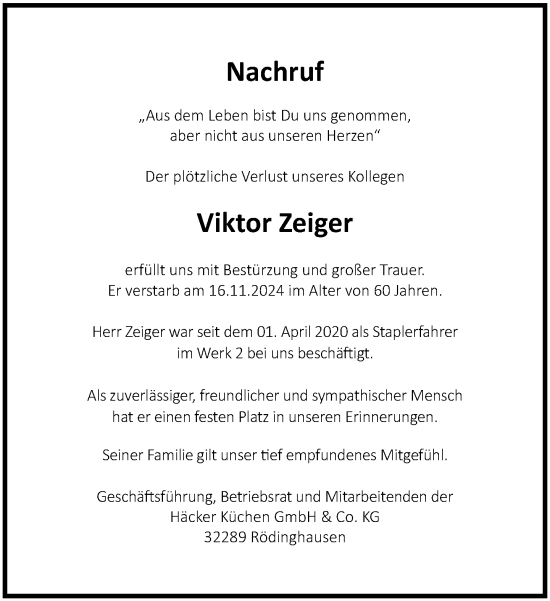 Traueranzeige von Viktor Zeiger von Neue Westfälische