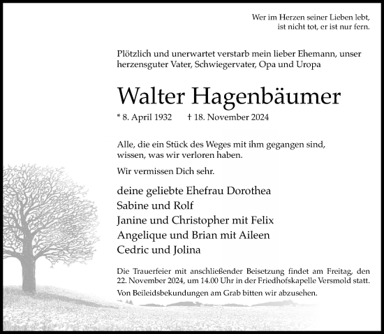 Traueranzeige von Walter Hagenbäumer von Neue Westfälische