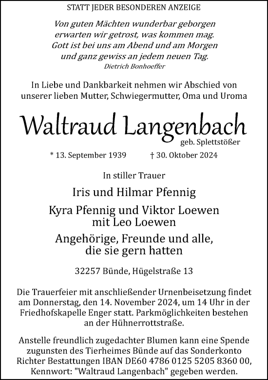 Traueranzeige von Waltraud Langenbach von Neue Westfälische