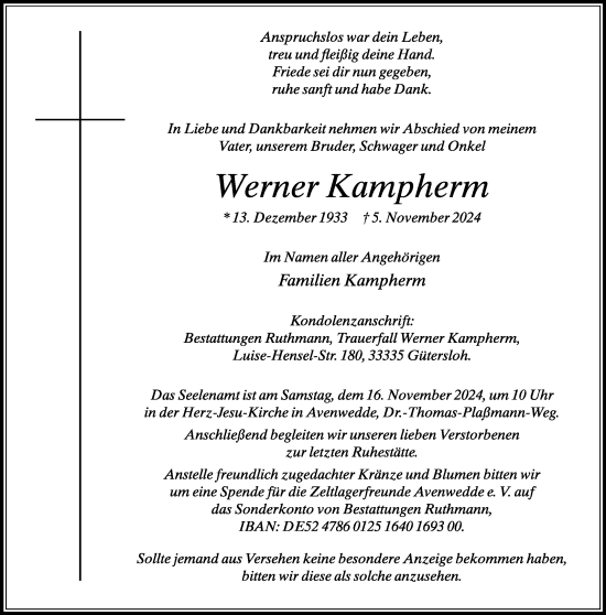 Traueranzeige von Werner Kampherm von Neue Westfälische