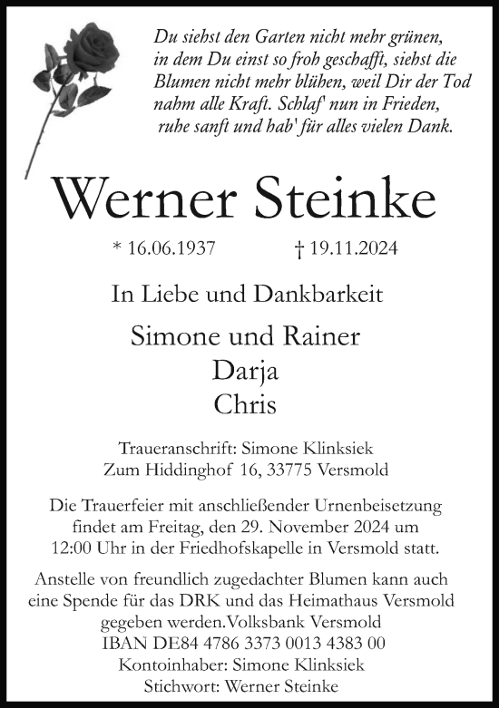 Traueranzeige von Werner Steinke von Neue Westfälische