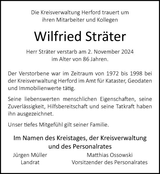 Traueranzeige von Wilfried Sträter von Neue Westfälische